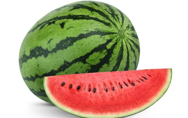whole and slices watermelon fruit isolated on white background